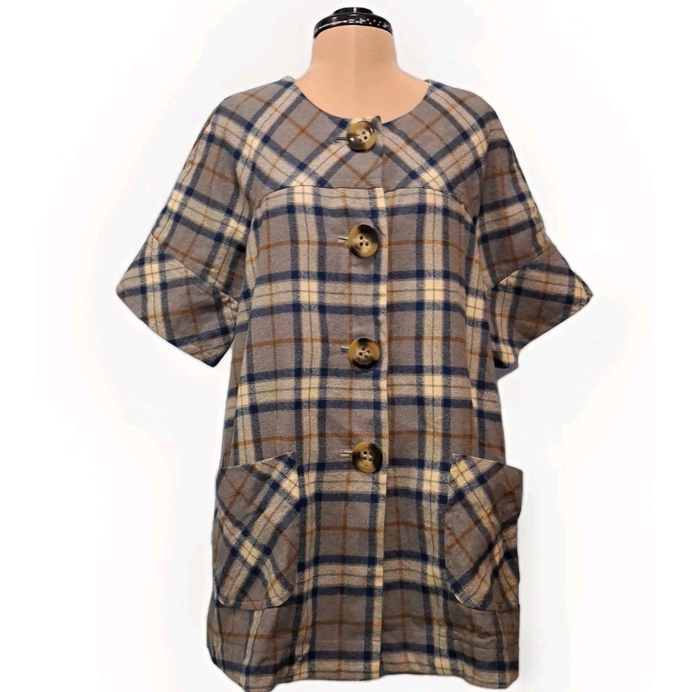Ivy Jane Gray Blue White Plaid Boxy Large Button Cotton Tunic Dress Sz Small Mod